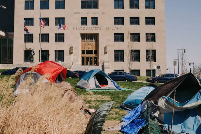 Tents outside a municipal building